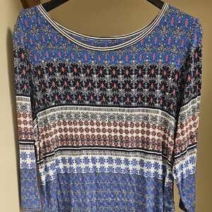 Ruby Rd. Blue and Magenta Pink Geometric 3/4 Length Sleeve Top